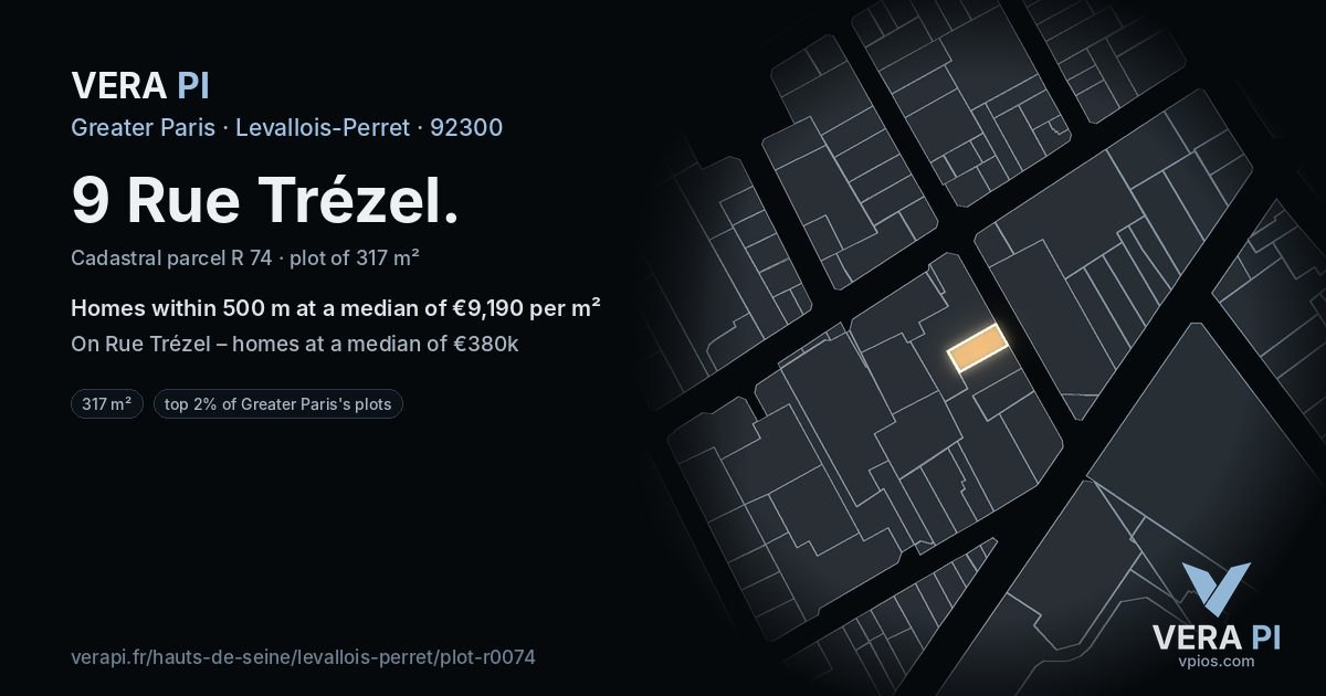 9 Rue Trézel, Levallois-Perret at night – the plot lit, the parcels around coloured by the prices near them