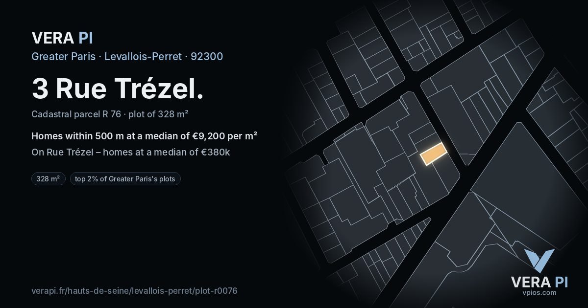 3 Rue Trézel, Levallois-Perret at night – the plot lit, the parcels around coloured by the prices near them
