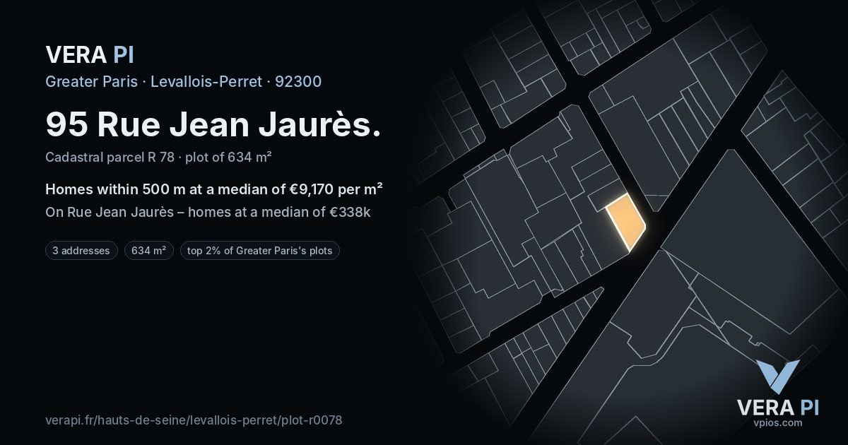 95 Rue Jean Jaurès, Levallois-Perret at night – the plot lit, the parcels around coloured by the prices near them