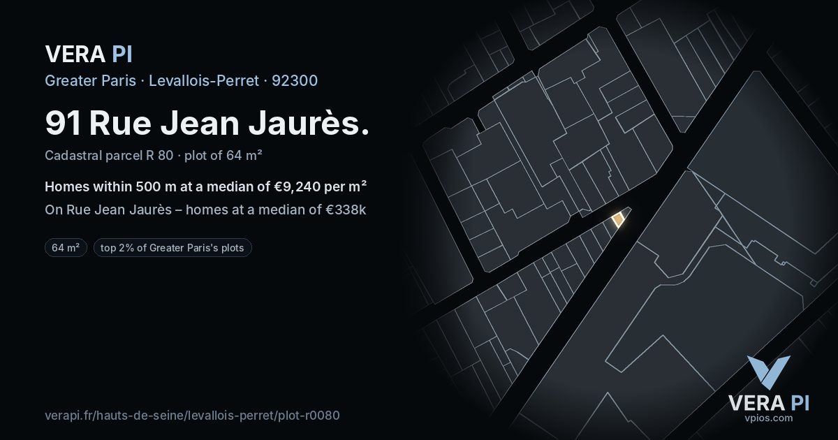 91 Rue Jean Jaurès, Levallois-Perret at night – the plot lit, the parcels around coloured by the prices near them