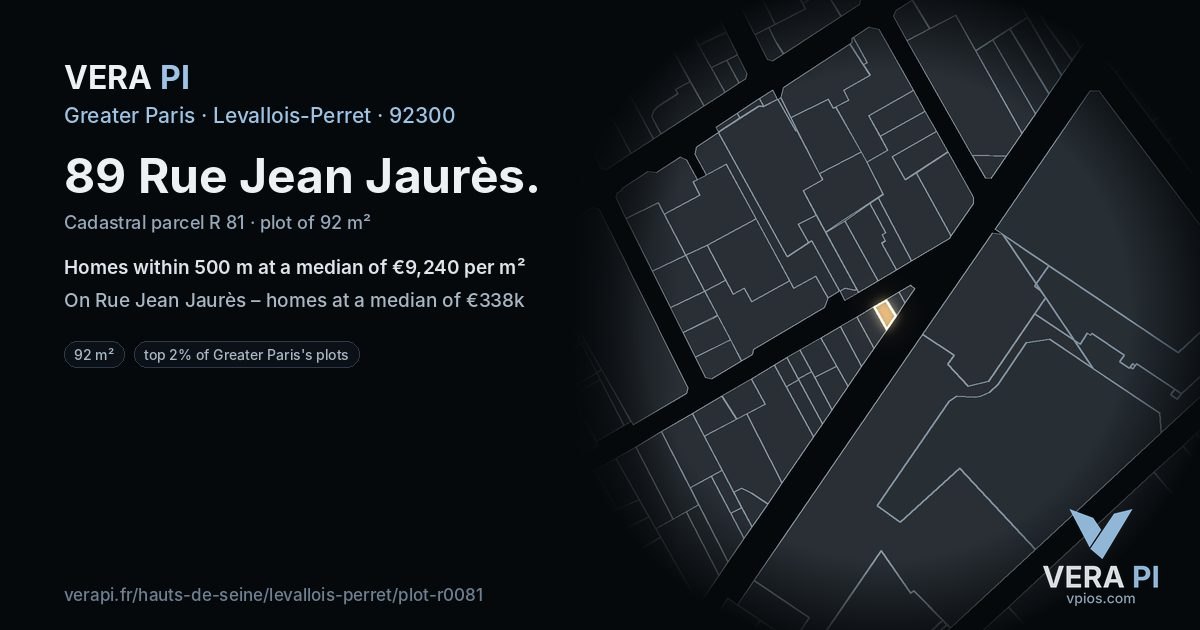 89 Rue Jean Jaurès, Levallois-Perret at night – the plot lit, the parcels around coloured by the prices near them