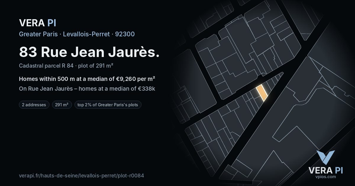 83 Rue Jean Jaurès, Levallois-Perret at night – the plot lit, the parcels around coloured by the prices near them