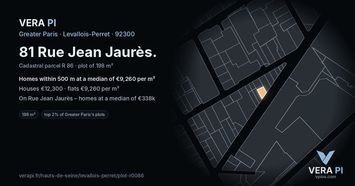 81 Rue Jean Jaurès, Levallois-Perret at night – the plot lit, the parcels around coloured by the prices near them