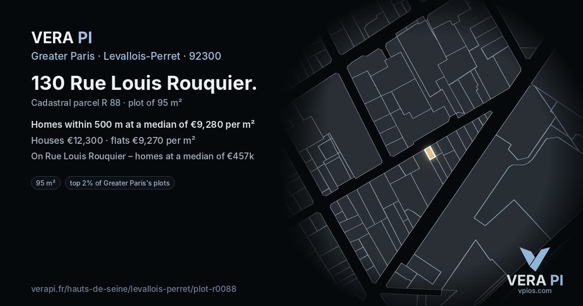 130 Rue Louis Rouquier, Levallois-Perret at night – the plot lit, the parcels around coloured by the prices near them