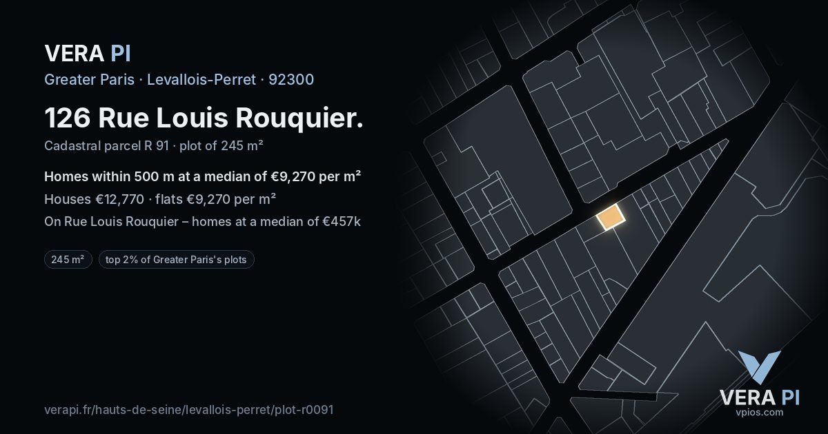 126 Rue Louis Rouquier, Levallois-Perret at night – the plot lit, the parcels around coloured by the prices near them