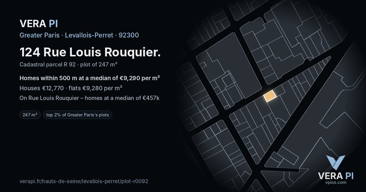 124 Rue Louis Rouquier, Levallois-Perret at night – the plot lit, the parcels around coloured by the prices near them
