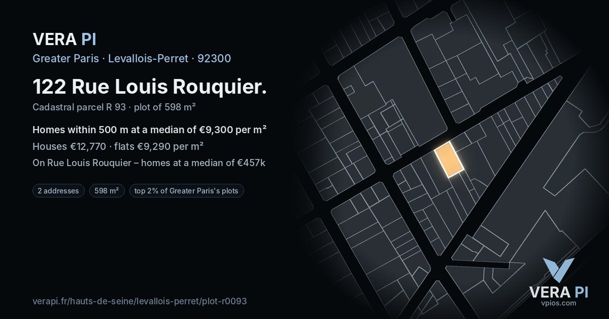 122 Rue Louis Rouquier, Levallois-Perret at night – the plot lit, the parcels around coloured by the prices near them
