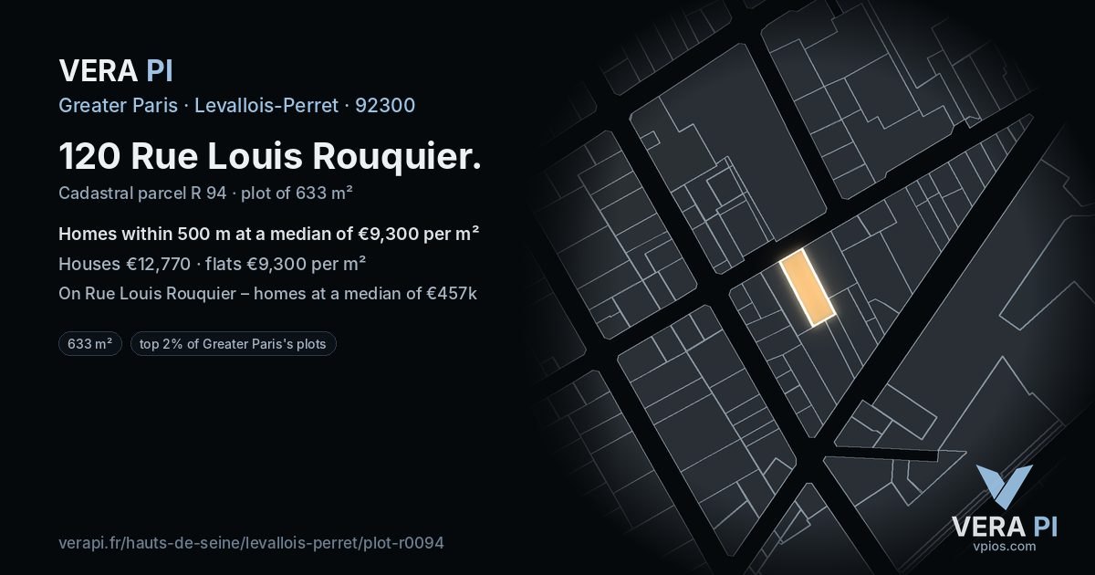 120 Rue Louis Rouquier, Levallois-Perret at night – the plot lit, the parcels around coloured by the prices near them