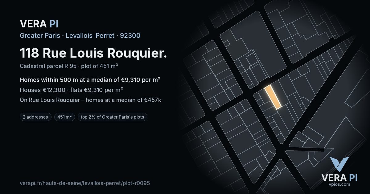 118 Rue Louis Rouquier, Levallois-Perret at night – the plot lit, the parcels around coloured by the prices near them