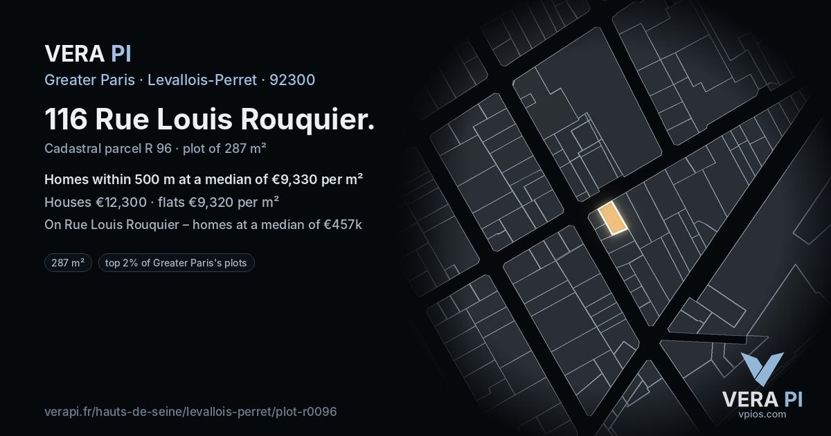 116 Rue Louis Rouquier, Levallois-Perret at night – the plot lit, the parcels around coloured by the prices near them