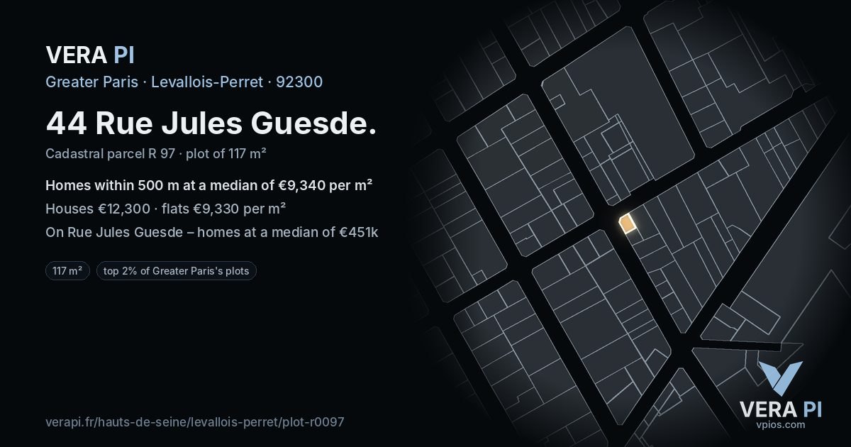 44 Rue Jules Guesde, Levallois-Perret at night – the plot lit, the parcels around coloured by the prices near them
