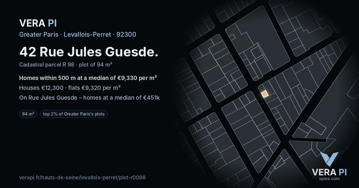 42 Rue Jules Guesde, Levallois-Perret at night – the plot lit, the parcels around coloured by the prices near them