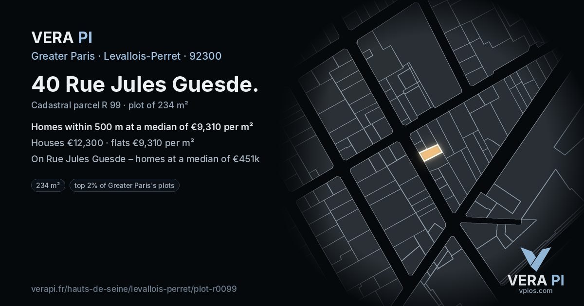 40 Rue Jules Guesde, Levallois-Perret at night – the plot lit, the parcels around coloured by the prices near them