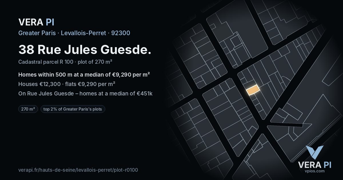 38 Rue Jules Guesde, Levallois-Perret at night – the plot lit, the parcels around coloured by the prices near them