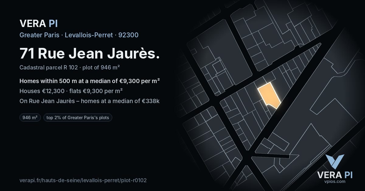 71 Rue Jean Jaurès, Levallois-Perret at night – the plot lit, the parcels around coloured by the prices near them