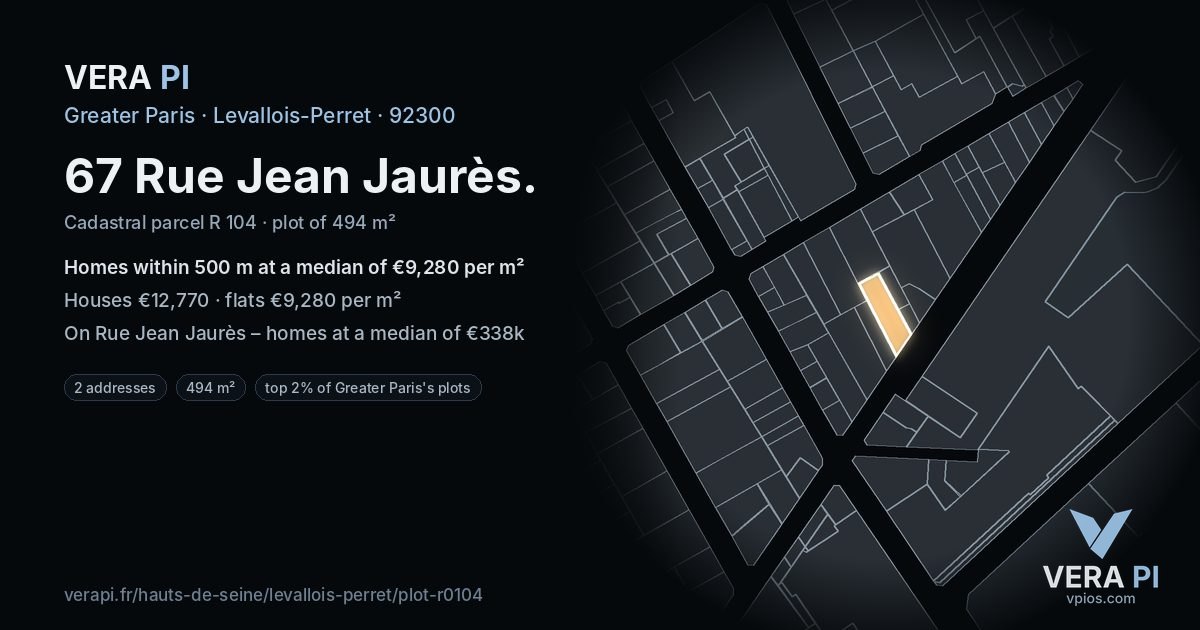 67 Rue Jean Jaurès, Levallois-Perret at night – the plot lit, the parcels around coloured by the prices near them