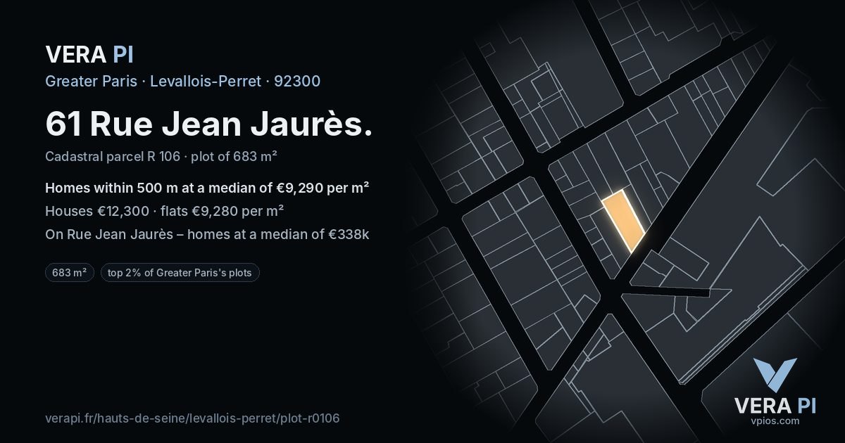 61 Rue Jean Jaurès, Levallois-Perret at night – the plot lit, the parcels around coloured by the prices near them