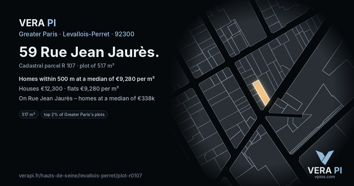 59 Rue Jean Jaurès, Levallois-Perret at night – the plot lit, the parcels around coloured by the prices near them