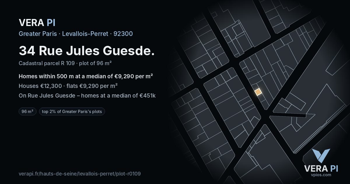 34 Rue Jules Guesde, Levallois-Perret at night – the plot lit, the parcels around coloured by the prices near them