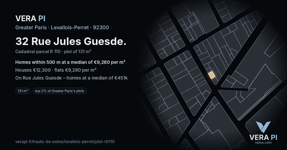 32 Rue Jules Guesde, Levallois-Perret at night – the plot lit, the parcels around coloured by the prices near them