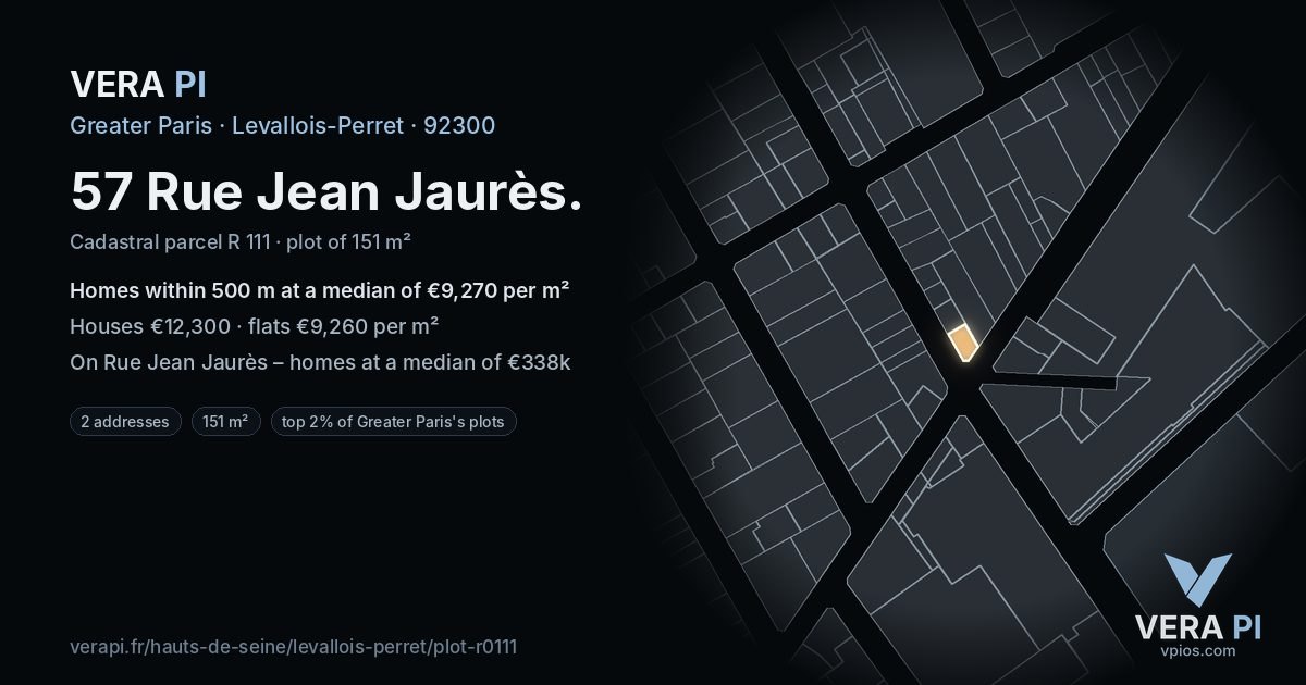 57 Rue Jean Jaurès, Levallois-Perret at night – the plot lit, the parcels around coloured by the prices near them
