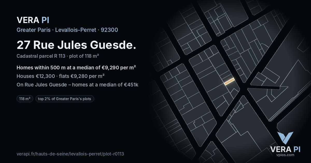 27 Rue Jules Guesde, Levallois-Perret at night – the plot lit, the parcels around coloured by the prices near them