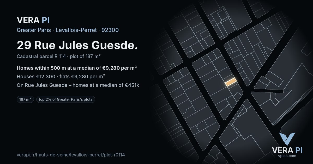 29 Rue Jules Guesde, Levallois-Perret at night – the plot lit, the parcels around coloured by the prices near them
