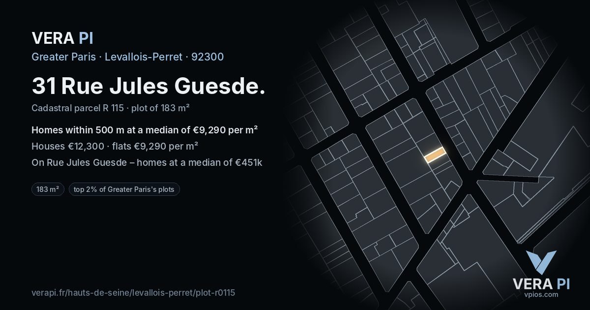 31 Rue Jules Guesde, Levallois-Perret at night – the plot lit, the parcels around coloured by the prices near them