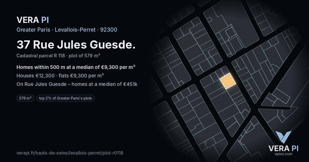 37 Rue Jules Guesde, Levallois-Perret at night – the plot lit, the parcels around coloured by the prices near them