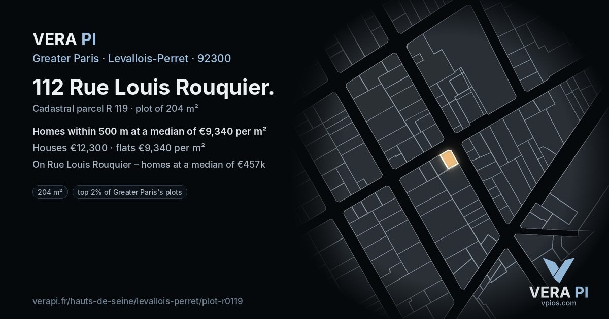 112 Rue Louis Rouquier, Levallois-Perret at night – the plot lit, the parcels around coloured by the prices near them