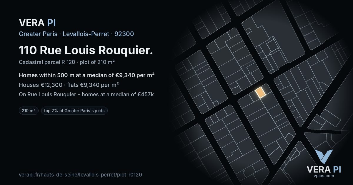 110 Rue Louis Rouquier, Levallois-Perret at night – the plot lit, the parcels around coloured by the prices near them