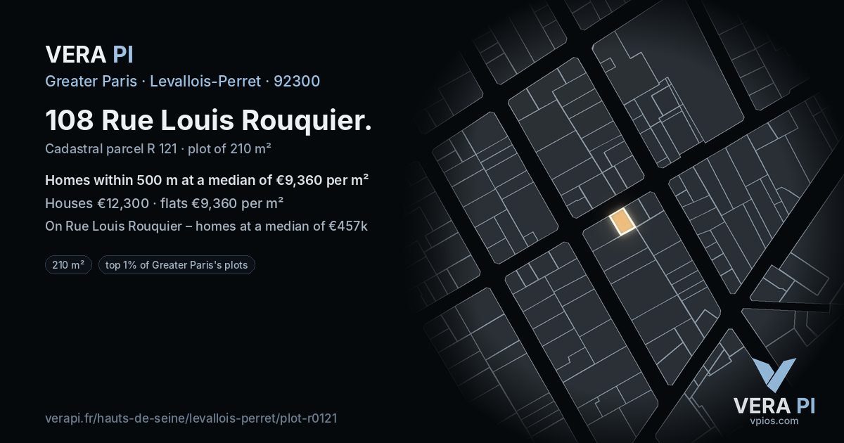 108 Rue Louis Rouquier, Levallois-Perret at night – the plot lit, the parcels around coloured by the prices near them