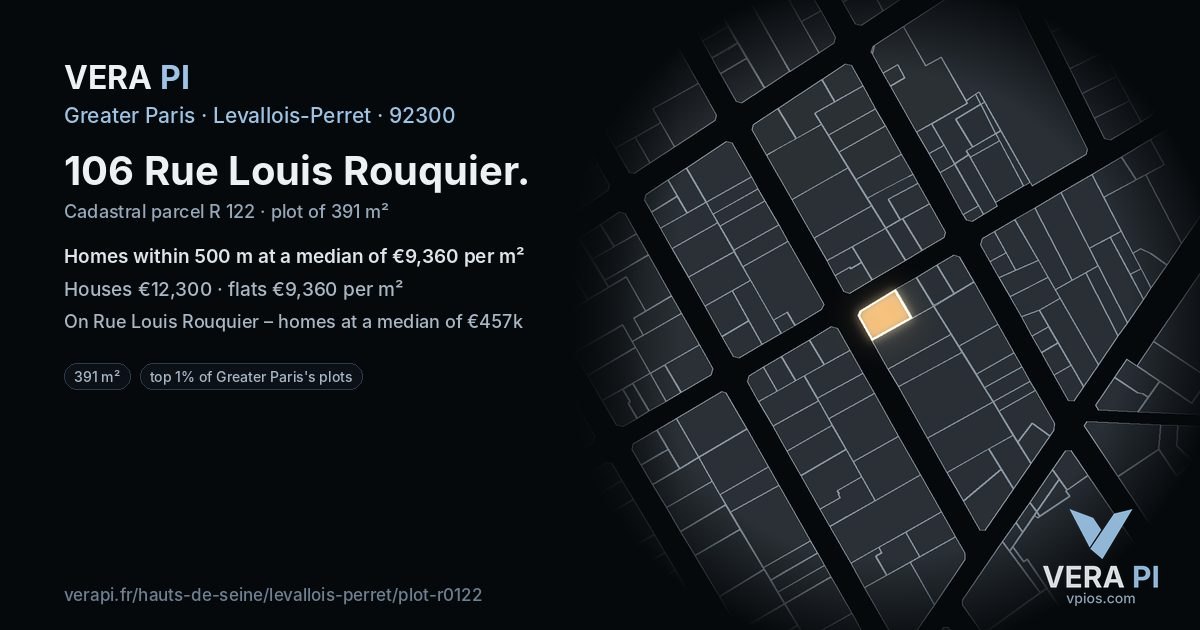 106 Rue Louis Rouquier, Levallois-Perret at night – the plot lit, the parcels around coloured by the prices near them