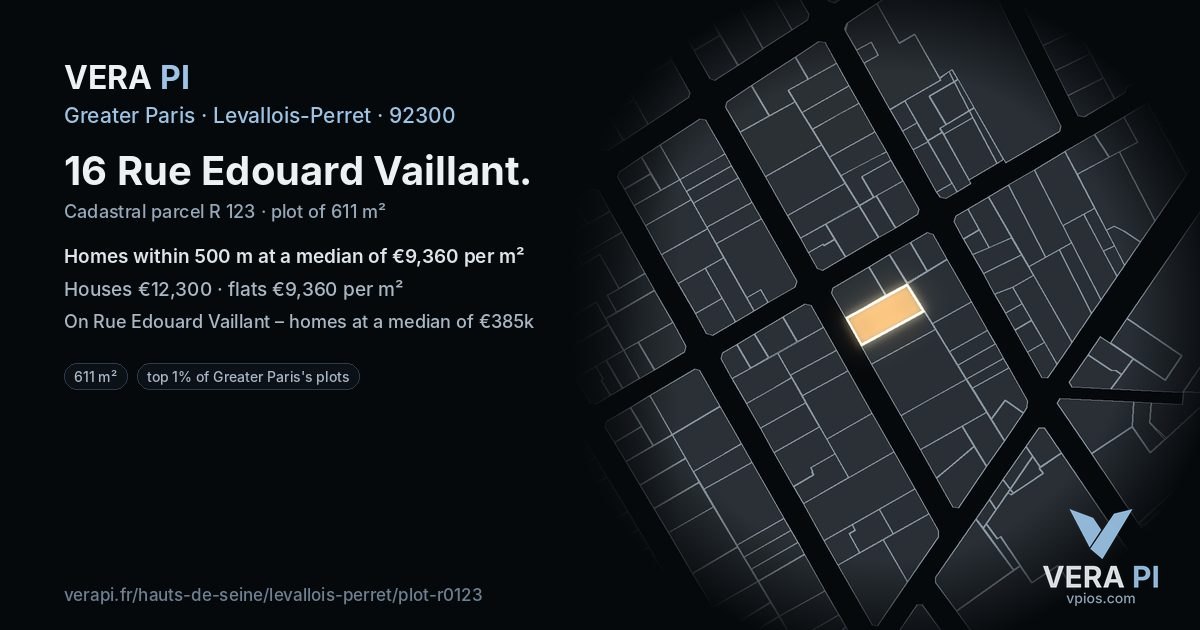 16 Rue Edouard Vaillant, Levallois-Perret at night – the plot lit, the parcels around coloured by the prices near them