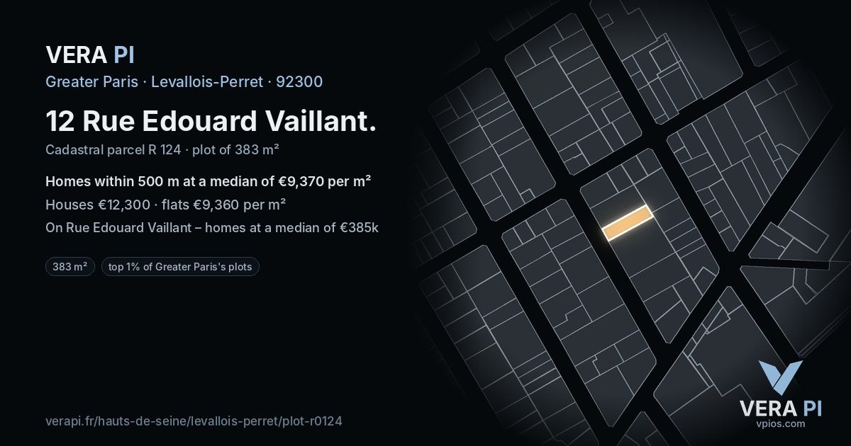 12 Rue Edouard Vaillant, Levallois-Perret at night – the plot lit, the parcels around coloured by the prices near them