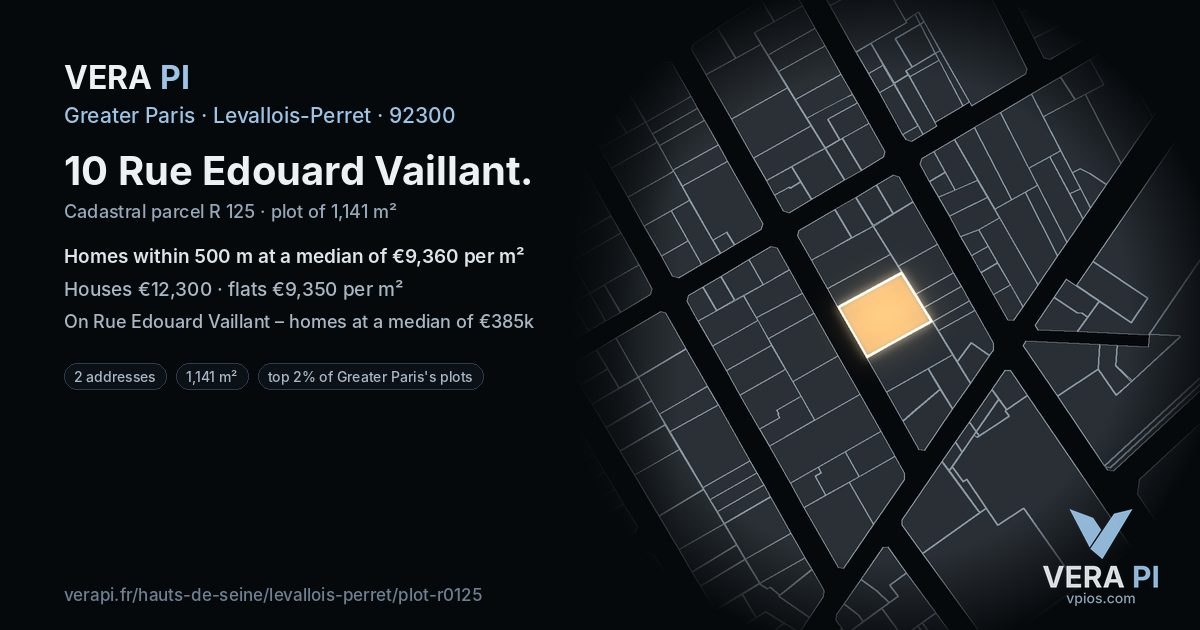 10 Rue Edouard Vaillant, Levallois-Perret at night – the plot lit, the parcels around coloured by the prices near them