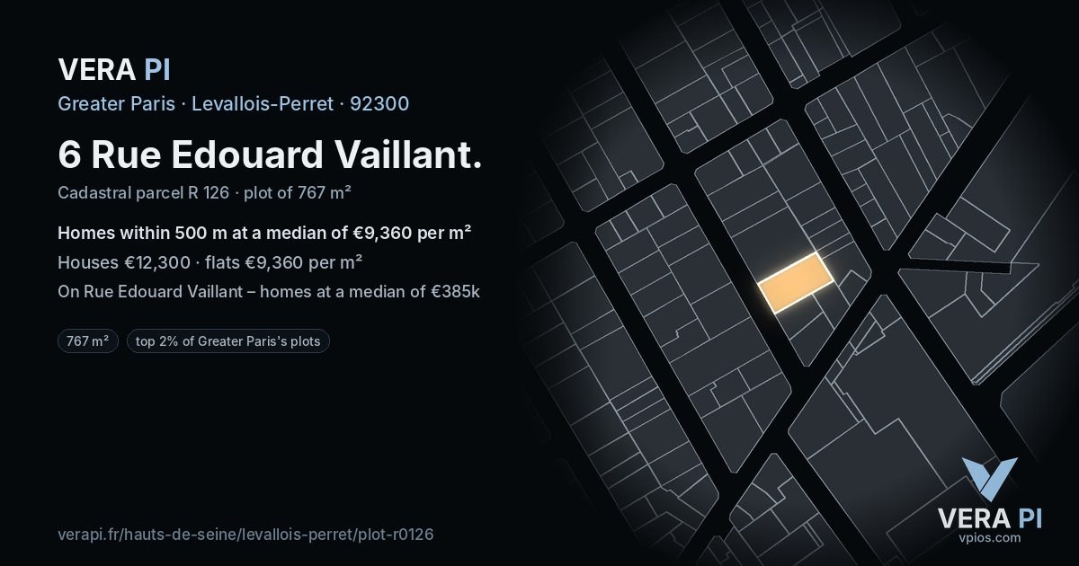 6 Rue Edouard Vaillant, Levallois-Perret at night – the plot lit, the parcels around coloured by the prices near them