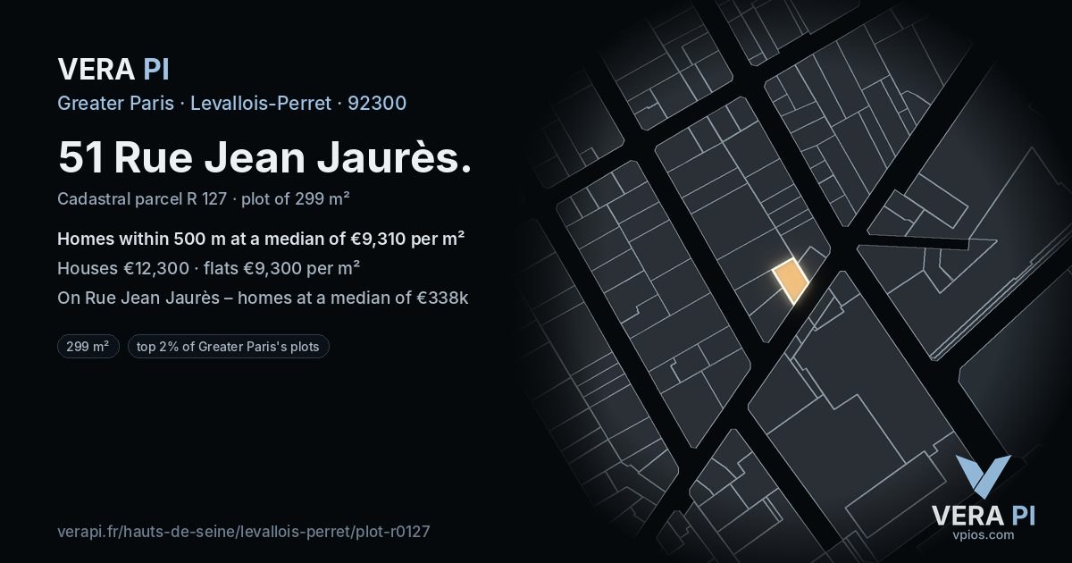 51 Rue Jean Jaurès, Levallois-Perret at night – the plot lit, the parcels around coloured by the prices near them