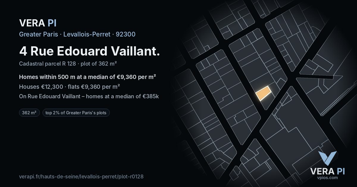 4 Rue Edouard Vaillant, Levallois-Perret at night – the plot lit, the parcels around coloured by the prices near them