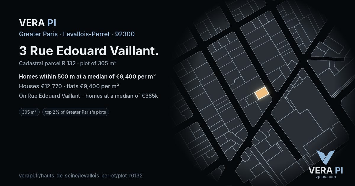 3 Rue Edouard Vaillant, Levallois-Perret at night – the plot lit, the parcels around coloured by the prices near them