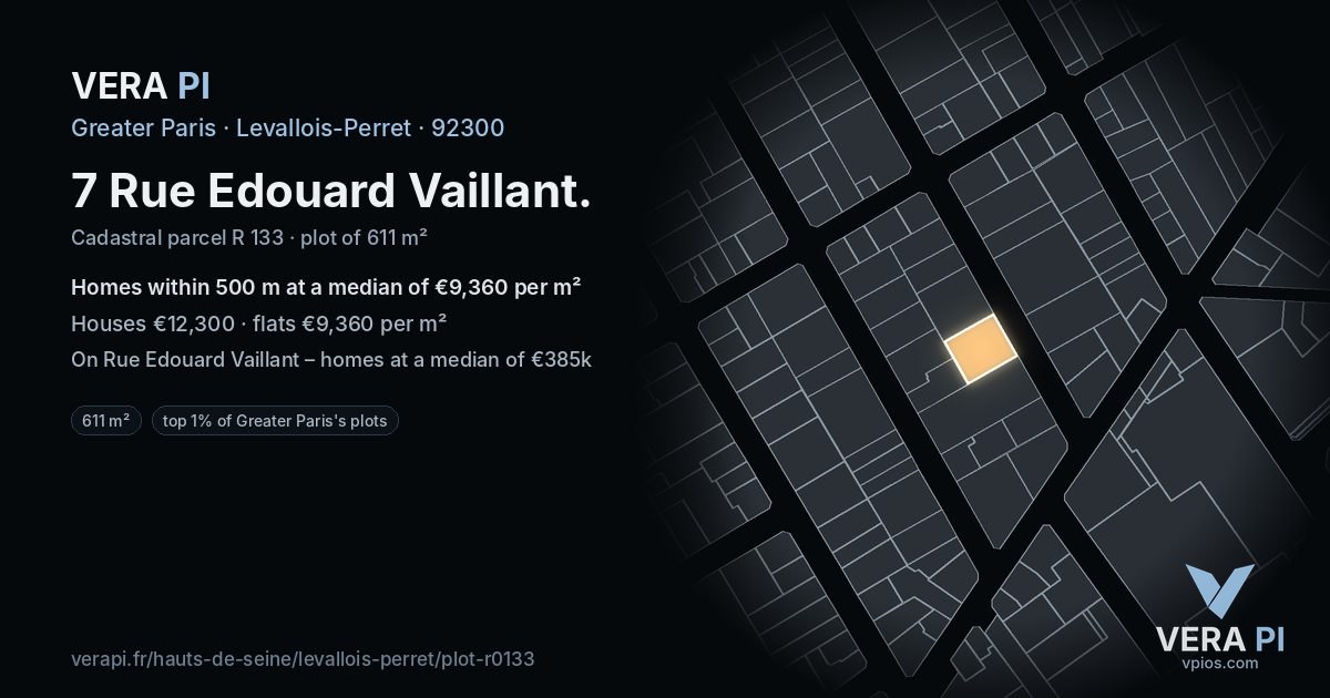 7 Rue Edouard Vaillant, Levallois-Perret at night – the plot lit, the parcels around coloured by the prices near them