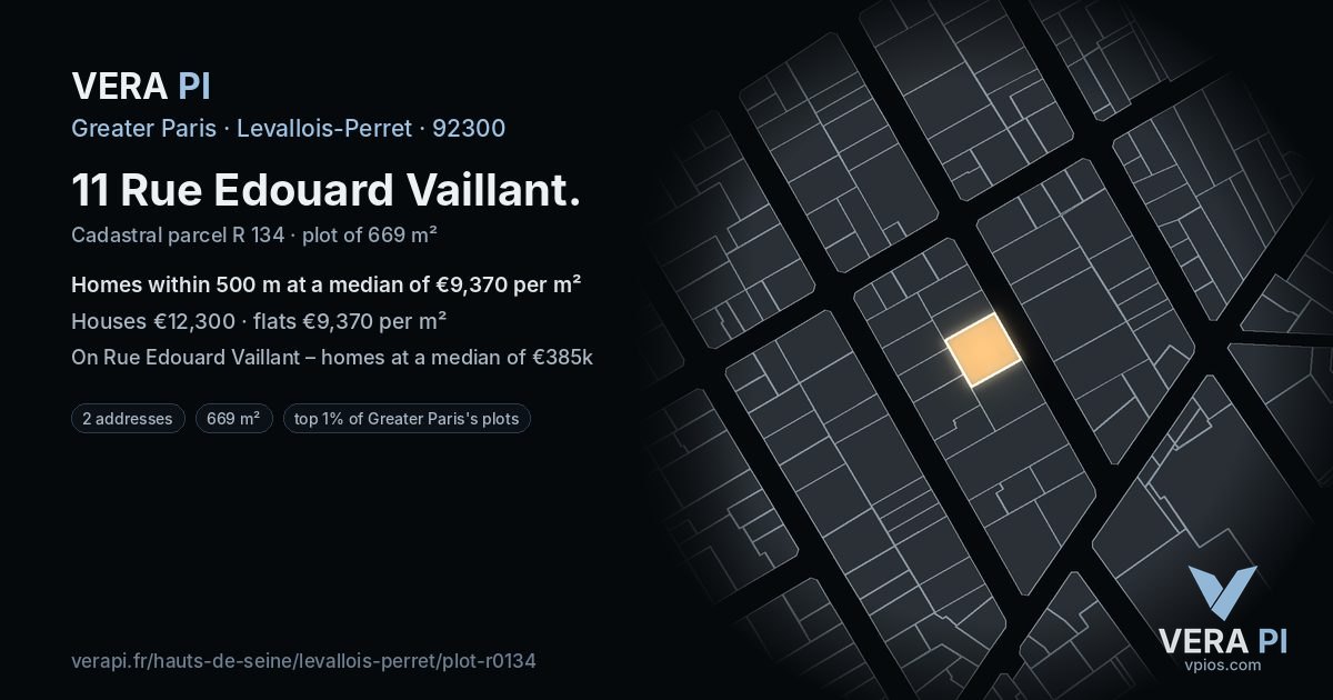 11 Rue Edouard Vaillant, Levallois-Perret at night – the plot lit, the parcels around coloured by the prices near them