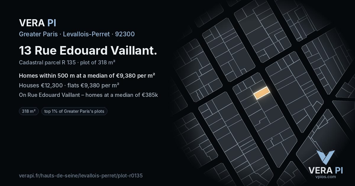 13 Rue Edouard Vaillant, Levallois-Perret at night – the plot lit, the parcels around coloured by the prices near them