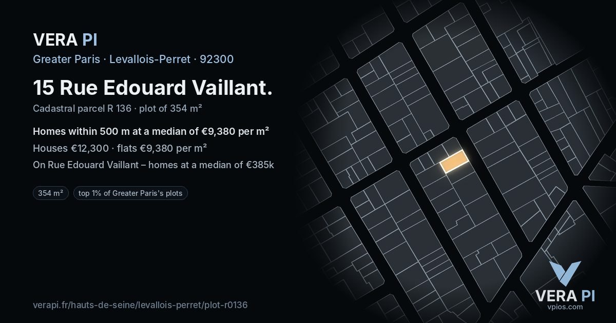 15 Rue Edouard Vaillant, Levallois-Perret at night – the plot lit, the parcels around coloured by the prices near them