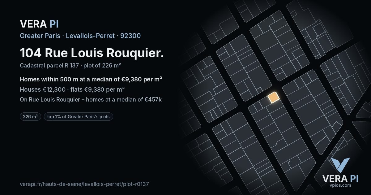 104 Rue Louis Rouquier, Levallois-Perret at night – the plot lit, the parcels around coloured by the prices near them