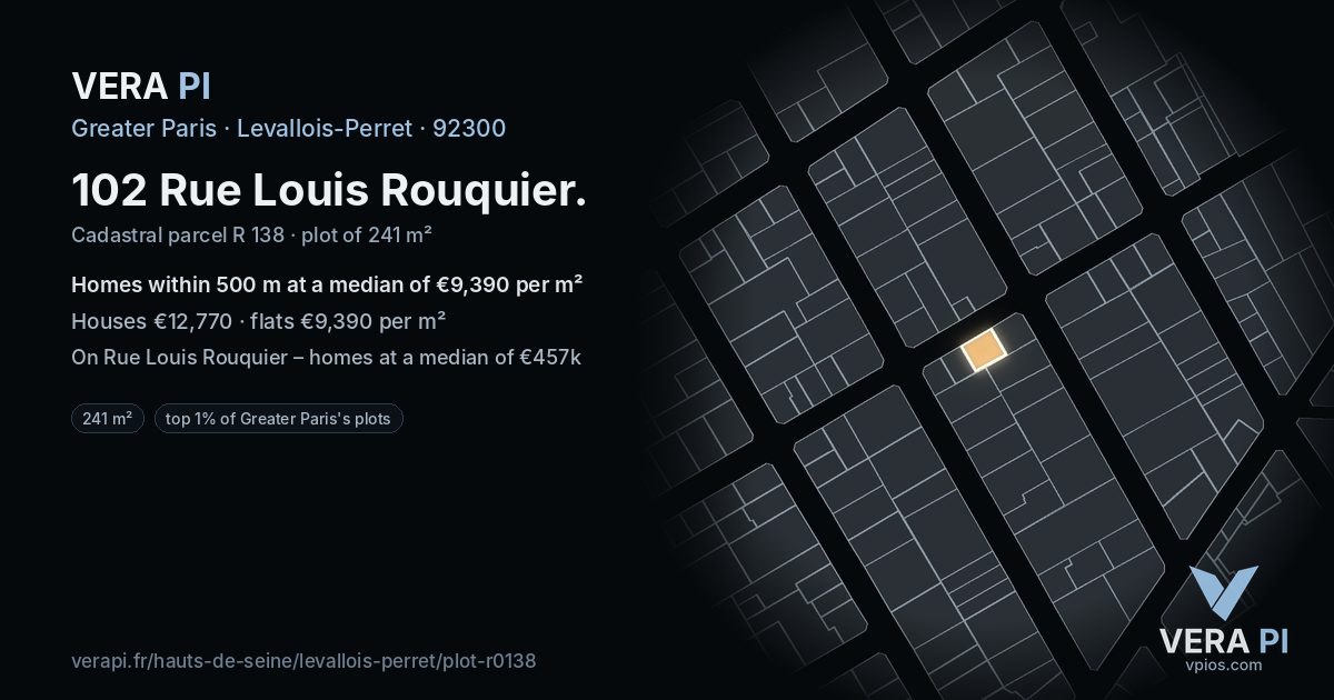 102 Rue Louis Rouquier, Levallois-Perret at night – the plot lit, the parcels around coloured by the prices near them