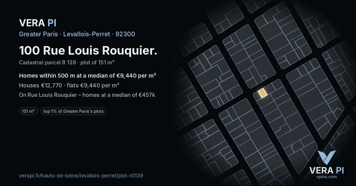 100 Rue Louis Rouquier, Levallois-Perret at night – the plot lit, the parcels around coloured by the prices near them