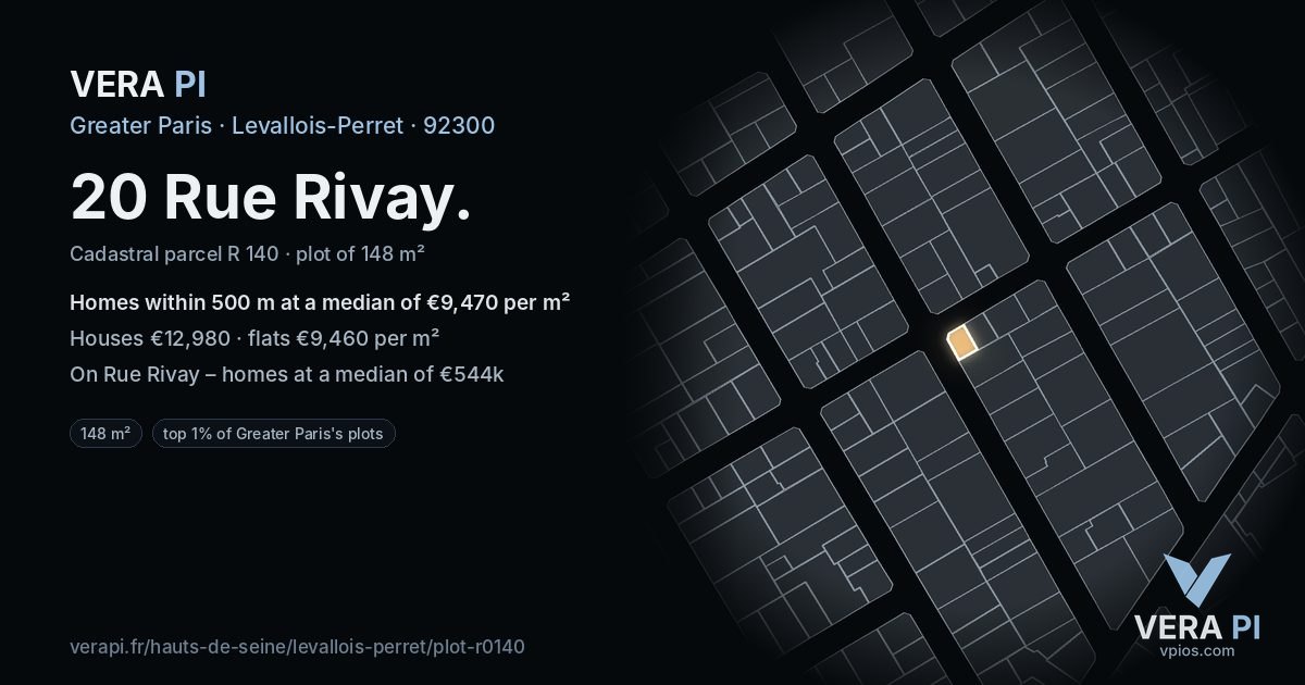 20 Rue Rivay, Levallois-Perret at night – the plot lit, the parcels around coloured by the prices near them