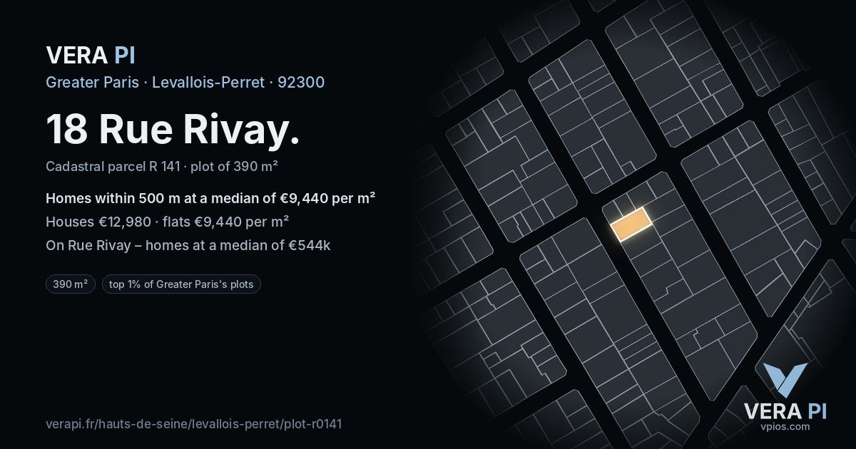 18 Rue Rivay, Levallois-Perret at night – the plot lit, the parcels around coloured by the prices near them