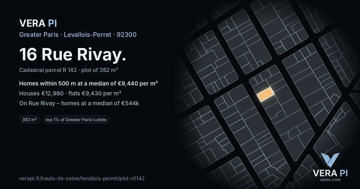 16 Rue Rivay, Levallois-Perret at night – the plot lit, the parcels around coloured by the prices near them